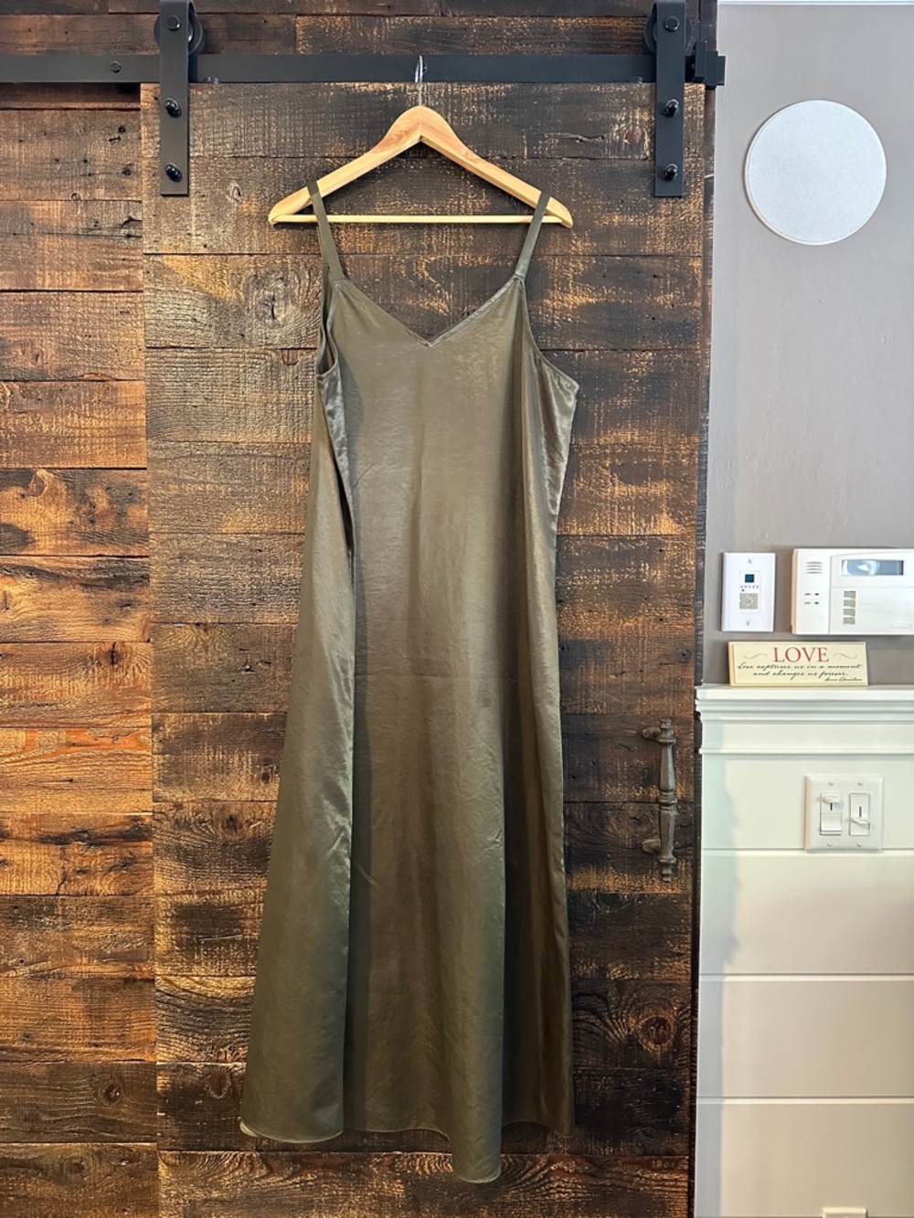 Vince Camuto Olive Satin Maxi Slip Dress